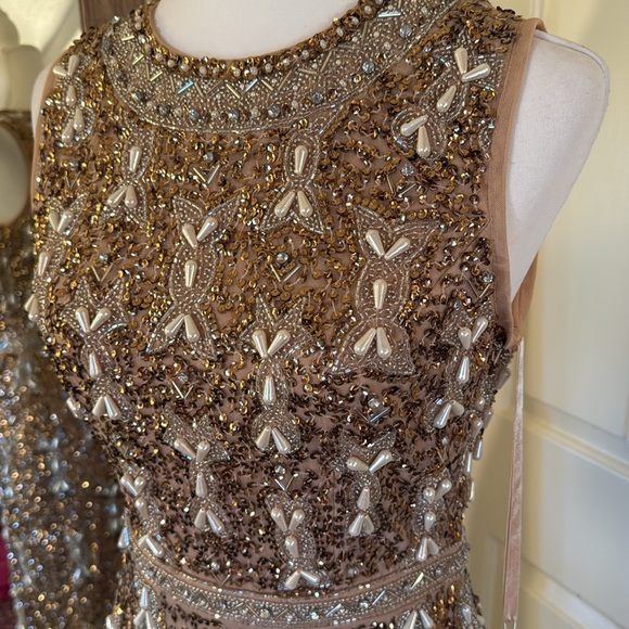 MAC DUGGALBeige Embellished High Neck Sleeveless A Line Dress